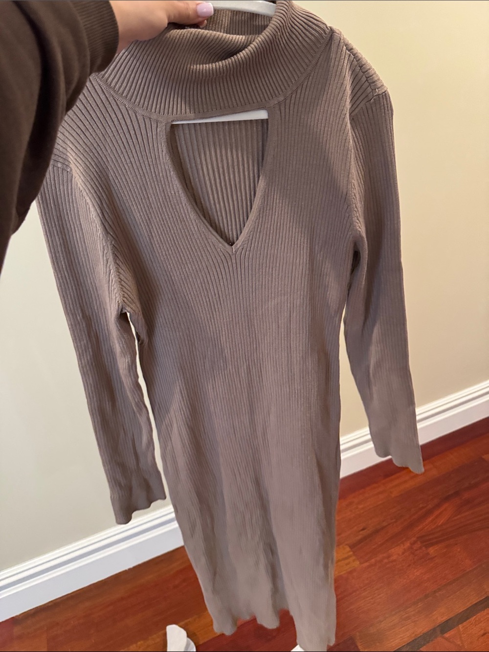 DKNY Taupe Ribbed Long Sleeve Knit Dress